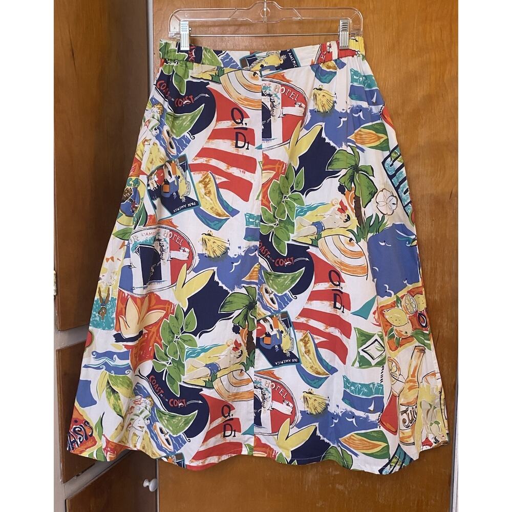 Vintage 90s Does 40s 1940s Beach Hawaii Tropical Novelty Print Midi Skirt Sz L - Picture 6 of 8